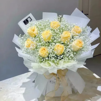 【爱无止境】香槟玫瑰九朵花搭白色满天星花花束