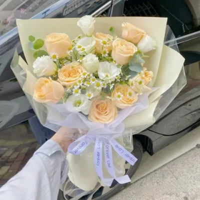 【温婉可人】九朵香槟玫瑰混搭花束