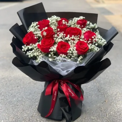 【爱会心动】520花束11朵红玫瑰花束搭白色满天星鲜花花束