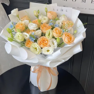 【落日晚风】十一朵香槟，玫瑰花混搭白桔梗花束送女友