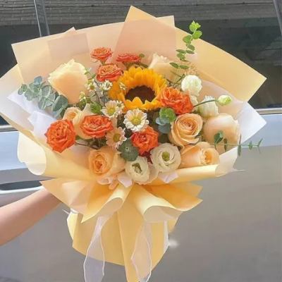 【温暖阳光】一朵向日葵混搭香槟玫瑰鲜花橙色泡泡生日鲜花