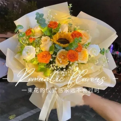 【愿你所愿终将实现】1朵向日葵混搭香槟玫瑰花束生日花束