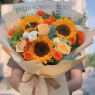 【阳光明媚】3朵向日葵4朵香槟玫瑰混搭橙色泡泡白色桔梗花束
