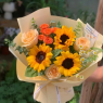 【一抹暖阳】3朵向日葵花束3朵香槟玫瑰橙色泡泡混搭鲜花花束